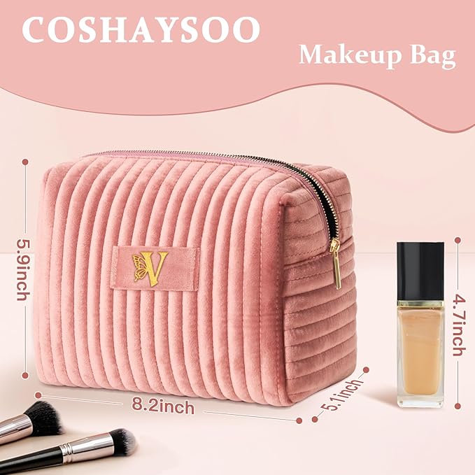 COSHAYSOO Birthday Gifts for Teens College Big Sister Girls Trip Gifts Favors Travel Makeup Bag Quilted Make Up Pouch Initial Velvet Cosmetic Case with Butterfly Decorations for Women Pink Letter V