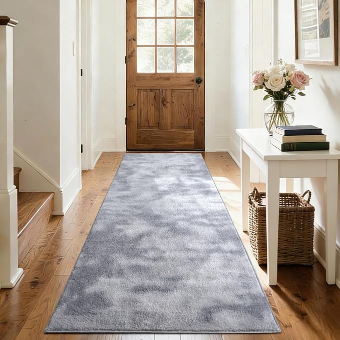 FinRèc 2x8 Washable Runner Rugs for Kitchen Hallway Bedroom, Low Pile Thin Ultra Soft Shag Rug, Non-Slip Carpet Indoor for Home Decor (Tie-dye Grey)