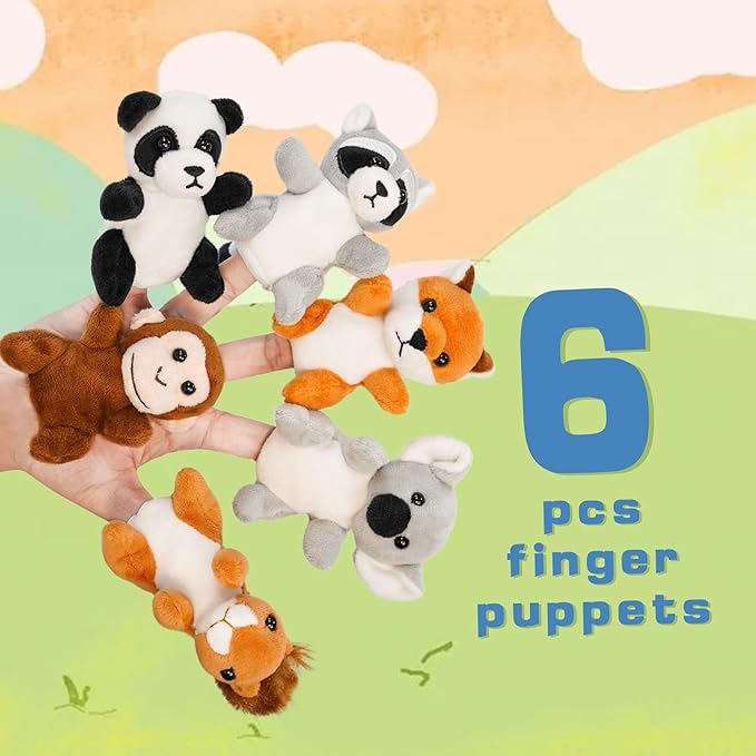 Jungle 6pcs Finger Puppets Set, Cute Animal Puppet Mini Hand Puppets Role-Playing Story Animal Soft Plush Toy for Kids Monkey, Fox, Squirrel, Raccoon, Panda, Koala(jungle01)