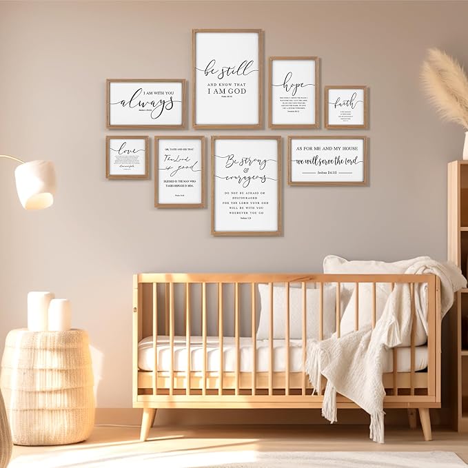 Faccito 8 Set Bible Christian Wall Art Framed, Wooden Decor | Religious Quotes Decor for Bedroom Office, Inspirational Scripture Wooden Art, Modern Framed Set for Home Classroom Work