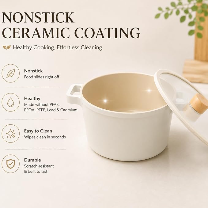 Fika NEOFLAM FIKA Deep Stock Pot for Stovetops and Induction | Glass Lid with Wood Knob | Made in Korea (8.7in / 4.9qt)