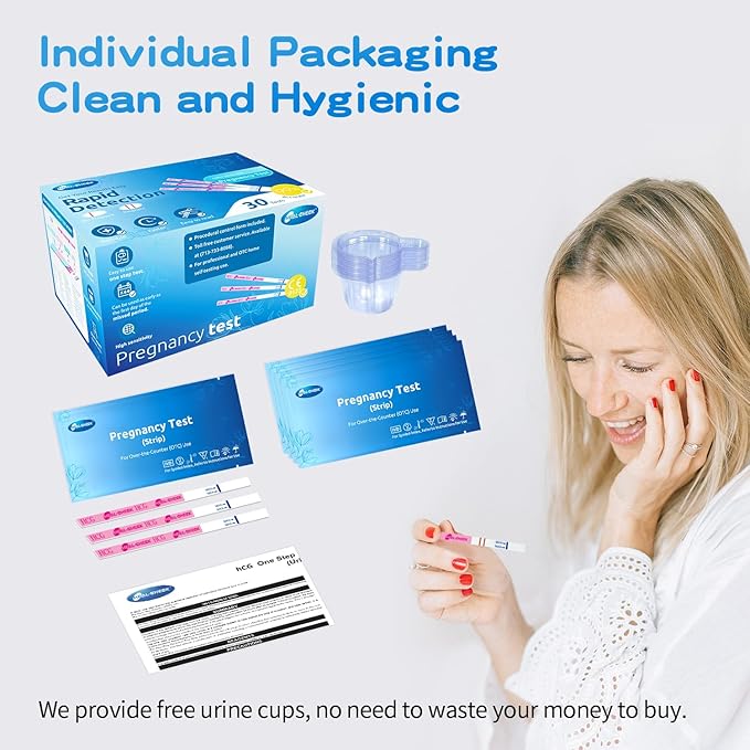 30 Count Pregnancy Tests with Cups, Bulk Pregnancy Test Strips for Detection at Home, Over 99% Accuracy, Individually Wrapped Fertility Tests, Extra-Wide 5mm HCG Tests, Pruebas De Embarazo