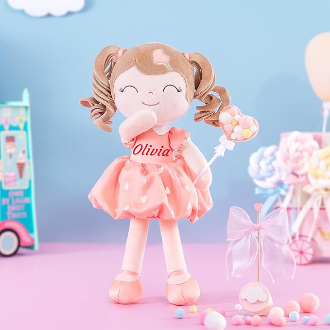 Gloveleya Personalized Baby Girl Gifts – Soft Plush Rag Doll with Name Embroidery, Curly Hair Orange Heart Dress, 16 Inches Cute Companion for Kids, Birthday