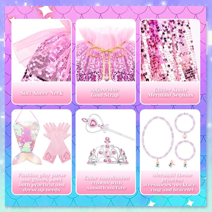 Meland Princess Dress Up for Girls 3-8, 11Pcs Mermaid Cape with Crown, Dress Up Clothes Birthday Gift Toys for Girls Toddlers