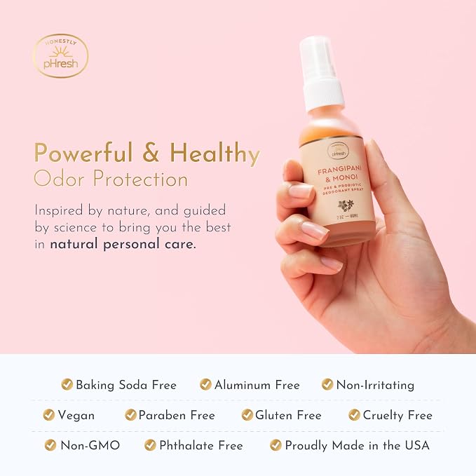 Honestly pHresh Pre & Probiotic Deodorant Spray for Women – Aluminum & Baking Soda Free Natural Deodorant Mist with 24-hour Odor Protection – Vegan, Made in USA - Frangipani and Monoi Scent, 2floz