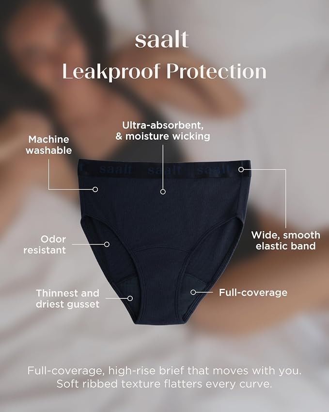 saalt Leakproof Cotton Rib High Rise Brief – Reusable Period Underwear for Women - Replaces 3 Pads or 4 Tampons