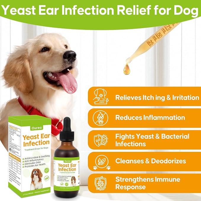 Dog Yeast Ear Infection Treatment Drops, Relieves Ear Redness Discomfort Itching and Allergy, Reduces Inflammation Irritation, Herbal Drops for Itchy Skin Ear Odor Relief for Dog Yeast Ear Infection