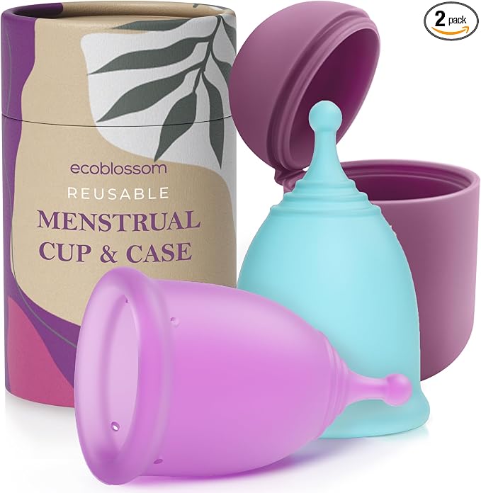 EcoBlossom Reusable Menstrual Cup and Case - The Most Reliable Medical Grade Silicone Period Cups - Comfortably use for 12 Hours (Small/Large (Pack of 2), Round Stem & Case)