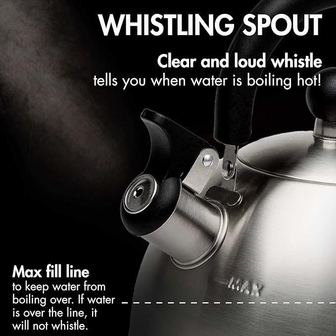 Primula Stewart Whistling Tea Kettle for Stovetop, Stainless Steel Stove Top Kettle with Fast Boil Whistling Spout and Cool Touch Folding Handle, 1.5-Quart, Brushed Silver with Black Handle