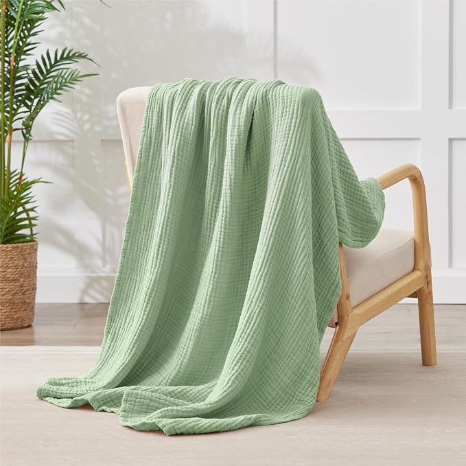 100% Cotton Muslin Blanket 50" x 60", Breathable and Lightweight Cotton Throw Blankets for Couch, Soft Cooling Summer Gauze Blanket for Adults All Season, Sage Green