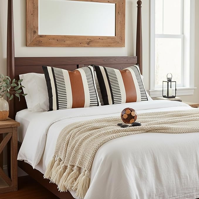 26x26 Boho Striped Pillow Cover with Faux Leather Accent, Black, 2 PC | Geometric printed cotton, vintage brown accent, black white reversible cushion case, farmhouse tribal euro sham bed decor.