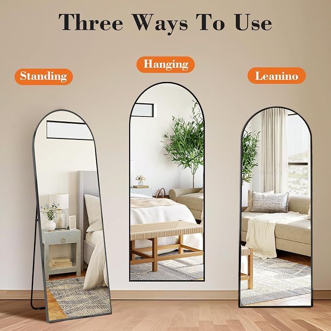 OLIXIS Arched Full Length Mirror with Stand, Full Body Mirror, 60"x16" | Aluminum Alloy Thin Frame, Floor Hanging or Leaning Wall, Bedroom Living Room, Black