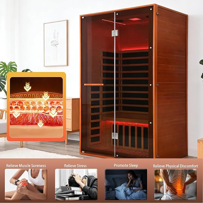 Infrared Sauna Home 2 Person Indoor Sauna Hemlock Wooden Dry Saunas 120V 1920W with Red Light, Oxygen Bar, Cup Holder, Bluetooth Speakers