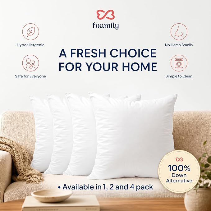 Foamily 16x16 Throw Pillow Inserts, White Pillows for Couch & Bed, 4 Pack | Soft down-alternative fill, hypoallergenic, holds its shape. Fits 16x16 covers. Couch, sofa, bed, nursery decor.
