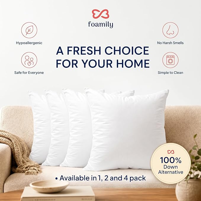 Foamily 24x24 Throw Pillow Insert, White Pillows for Couch, Sofa & Bed | Soft down-alternative fill, hypoallergenic, holds its shape. Fits 24x24 covers. Couch, sofa, bed, nursery decor.