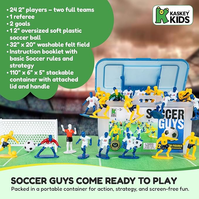 Kaskey Kids Soccer Guys, Navy Black vs. Blue White, 27 Pieces in Each Set, Includes 2 Teams, Accessories, and Travel Storage Case, Nostalgic Sports Action Figures for Imaginative Play, Ages 3 and Up