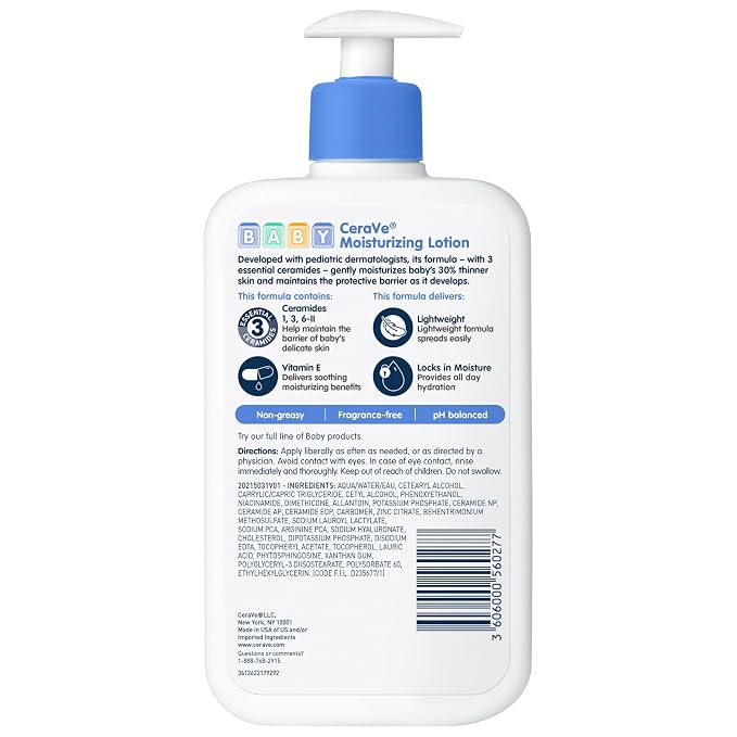CeraVe Baby Lotion, Gentle Baby Skin Care with Ceramides, Niacinamide & Vitamin E, Fragrance, Paraben, Dye & Phthalates Free, Lightweight Moisturizer, 16 Ounce