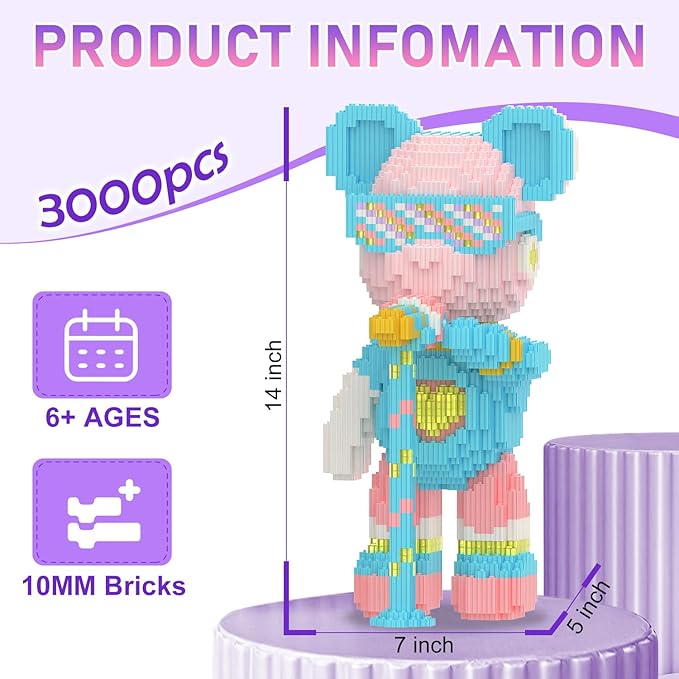 Bear Building Blocks with Organizer Bins (6000PCS), Fluorescent Bricks & Stroage Drawer, Gift for Adults & Kids, Ideal for Home & Office Decor, QR Code User Manual, 8888