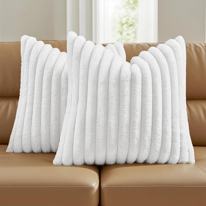 FUTEI Pack of 2 Faux Fur Throw Pillow Covers 28x28 Inch, White | Fluffy Faux Rabbit Fur Front/Premium Velvet Back,Hidden Zipper,Machine Washable,Non-Shedding,Colorfast,Insert Not Included.