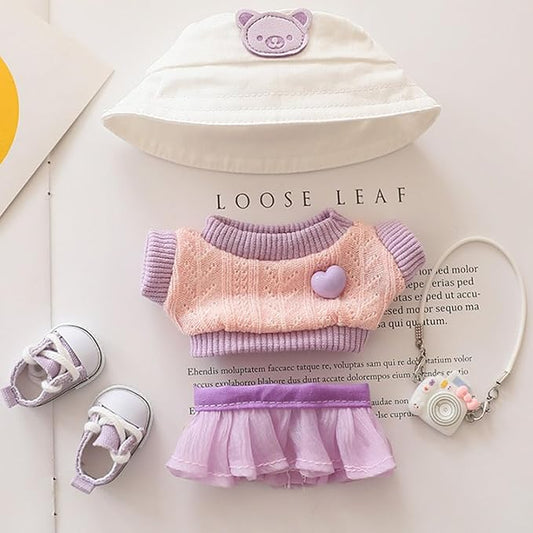 Clothes for 17cm Dolls Sweater Clothes Accessories(No Doll Only Clothes), Stylish Outfit Suitable for 6.69inch (17cm) Doll Soft Clothing Replacement(Purple+hat+mini Pendant+Shoes)