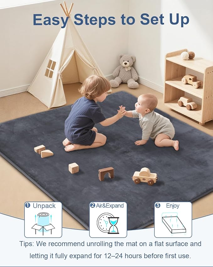 Thick Baby Play Mat for Floor,59 x 71 Playpen Mat,Large Tummy Time Foam Mats,Soft Surface & Plush Feel Nursery Rug,Easy Care with Non-Slip Cushioned for Infant,Kids and Toddler Crawling,Dark Grey