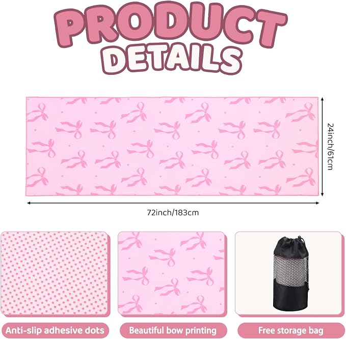 Breling Pink Bow Yoga Mat Towel with Grip Dot Preppy Coquette Bow Non Slip Ultra Absorbent Soft Microfiber Towel Without Hot Yoga Mat 72 x 24 Inch for Pilates Fitness Gym Women Birthday Gifts