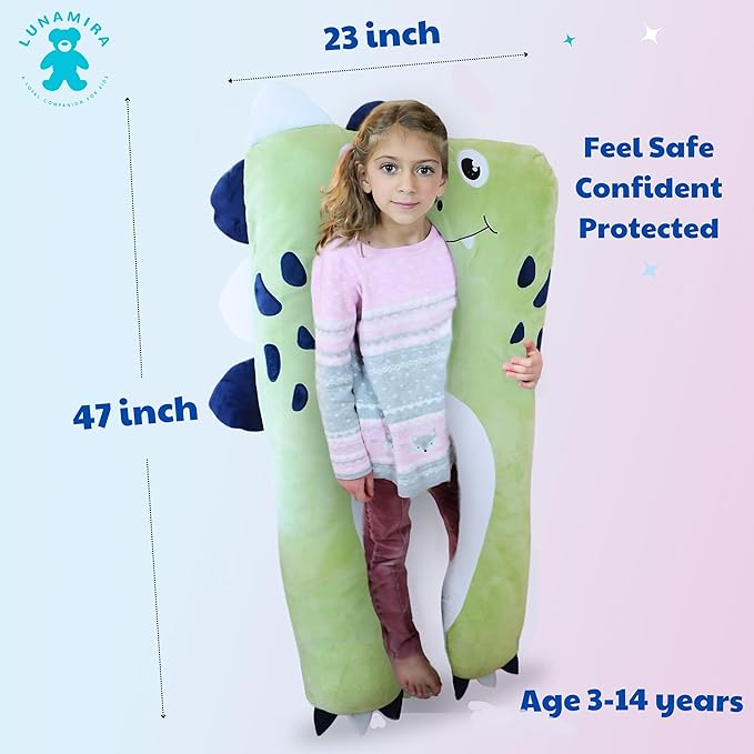 LUNAMIRA Dino Kids Body Pillow - 47" U-Shape Long Plush Soft Animal Pillow for Kids, Sleeping, Reading, ADHD & Special Needs Comfort, Anxiety, Washable Cover, Snuggle Fun Cuddle Gift for Boys & Girls