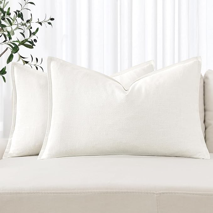 MIULEE Decorative Linen Lumbar Pillow Covers 12x20 Inch Cream White | Boho Farmhouse Neutral Couch Throw Pillows for Bed, Pack of 2 Accent Modern Pillowcases, Sofa Livingroom Home Decor