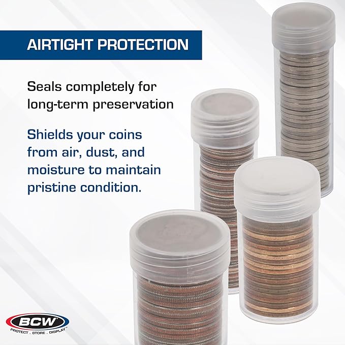 BCW Quarter Coin Storage Tubes - 10 Pack | Archival Quality Plastic Coin Holders, Screw-On Caps | Long-Term Coin Storage