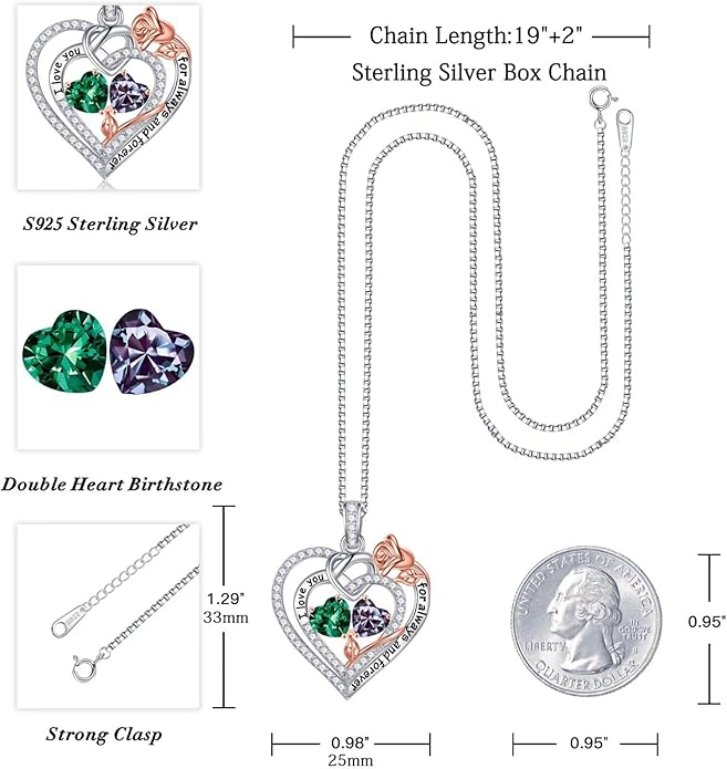 Iefil Valentines Day Gifts for Her Wife - 925 Sterling Silver Double Birthstone Necklace, Anniversary Birthday Gifts for Women, Jewelry Gift for Wife Girlfriend Mom Her