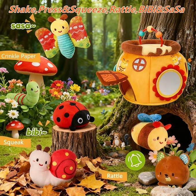 Baby Toys 6-12 Months- Surprise Soft Barn with Stuffed Animals, Rattle, Crinkle Paper, Squeaker, Mirror, Busy Montessori Soft Toys for Toddlers 0-3 Years Old, 1 Year Old Boy Girl Gifts