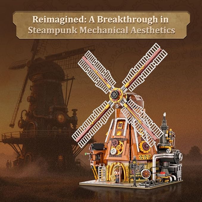 Steampunk Windmill Workshop Building Set - Dutch Windmill Architecture with Mechanical Drive with Motorized Rotating Blades,Gear Details,and Openable Wall - Collectible Display Kit for Adults
