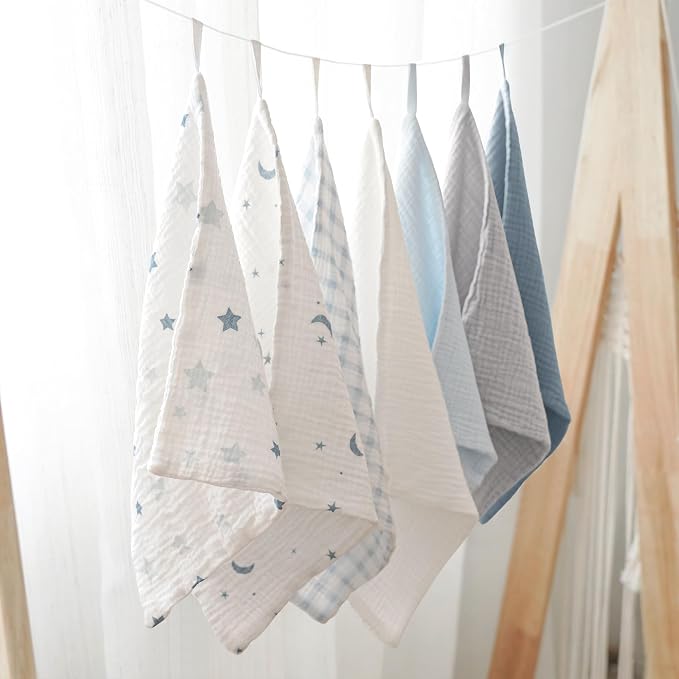 Konssy Baby Muslin Washcloths 7-Pack, 100% Cotton Baby Bath Washcloths, Soft & Absorbent Wash Cloths and Burp Cloths for Newborn Kids Girls & Boys, 11x11 inches