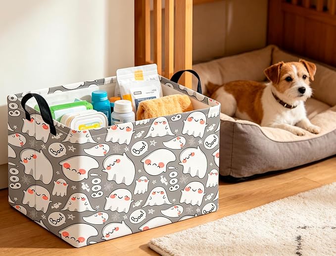 CLOCOR Rectangular Storage Basket Empty,Gift Basket,Waterproof Storage Bin with Handles,Room Decor(Cute Ghost Halloween)