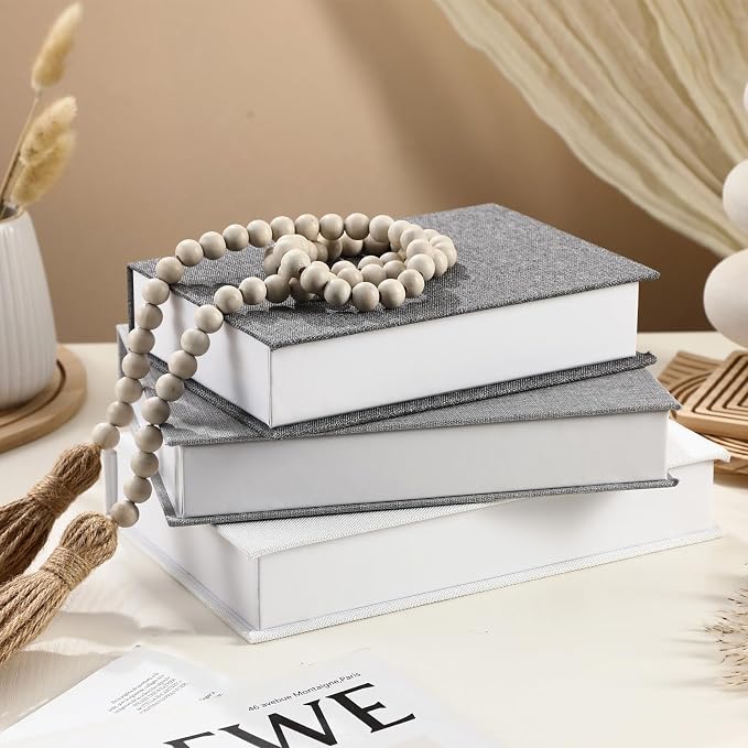 Tioncy 3 Pcs Decor Linen Faux Book Box Set Aesthetic DIY Fake Linen Book Box for Decor Storage Cafe Table Bookshelf Gift Home Keepsake(Multi Sizes,Gray Tone)