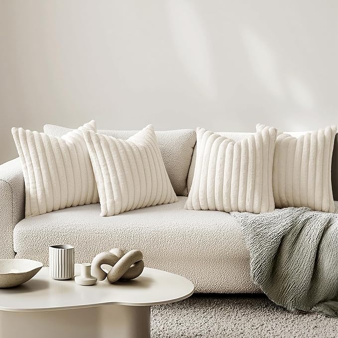 MIULEE Faux Fur Plush Decorative Throw Pillow Covers 18x18, Cream White | Set of 4, Striped, Soft Modern Cozy Home Decor, Cushion Cases for Sofa Couch Bed Living Room
