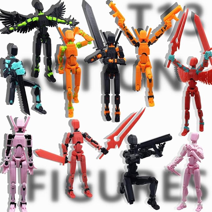 T13 Action Figures Set (Assembly Completed) Dummy 13 Titan 13 Robot Action Figure 3D Printed Robo Multi-Jointed Movable Action Figure Toy with Full Articulation (T 13 Orange Black Figure + Dog)