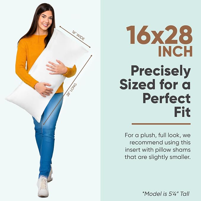 Pillowflex Synthetic Down Pillow Insert 16x28 in - Karate Chop Pillow | Large Rectangle Sham Form, Plush Polyester Cotton Blend, Cloud-Like Comfort, Clump-Resistant Fill, Smooth Elegant Finish