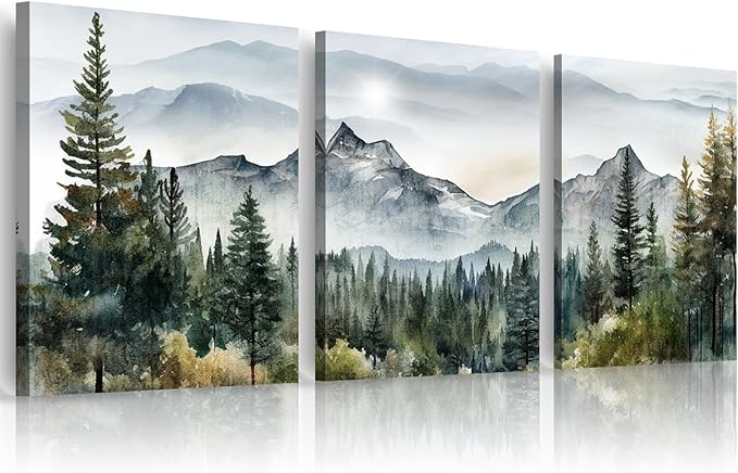 MHARTK66 Large Size Wall Art for Living Room Modern Wall Decor for Bedroom Office Decor Abstract Mountain Forest Landscapes Ink Painting 3 Piece Framed Canvas Art Prints Ready to Hang Wall Pictures