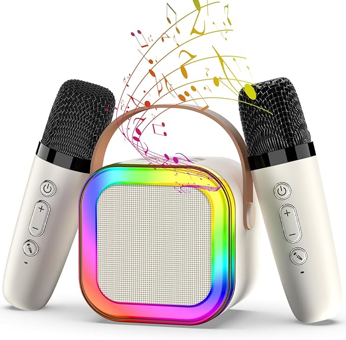 Portable Karaoke Machine, Mini Karaoke Machine with 2 Wireless Microphones for Kids Adults, Kids Microphone Christmas Birthday Toys for Girls Boys Toddler 4, 5, 6, 7, 8, 10 12+ Years Old 【Beige】