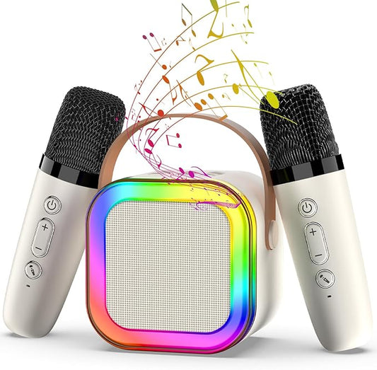 Portable Karaoke Machine, Mini Karaoke Machine with 2 Wireless Microphones for Kids Adults, Kids Microphone Christmas Birthday Toys for Girls Boys Toddler 4, 5, 6, 7, 8, 10 12+ Years Old 【Beige】