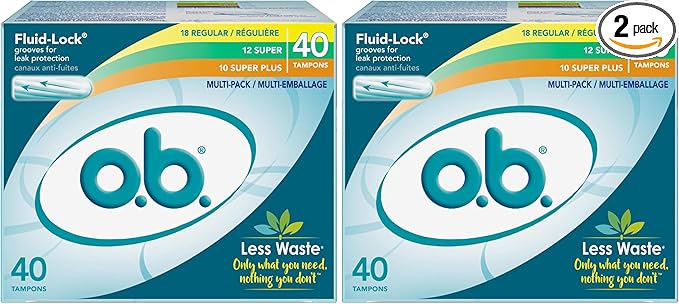 o.b. Tampons Multipack | Non-Applicator Tampon, Unscented | Regular/Super/Super Plus Tampons, 40ct (Pack of 2)