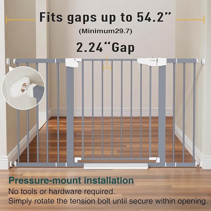 Cumbor 29.7-54.2" Wide Baby Gate for Stairs, Auto-Close Dog Gate Indoor for Doorways, No Drilling Pressure Mounted Pet Gates for Kids, Easy Walk Through Safety Gate, Gray