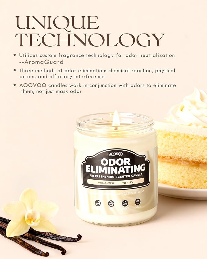 AOOVOO Vanilla Cream Odor Eliminating Highly Fragranced Candle - Eliminates 95% of Pet, Smoke, Food, and Other Smells Quickly, Non Toxic Air Freshing Soy Candle, Up to 50 Hours Burn time