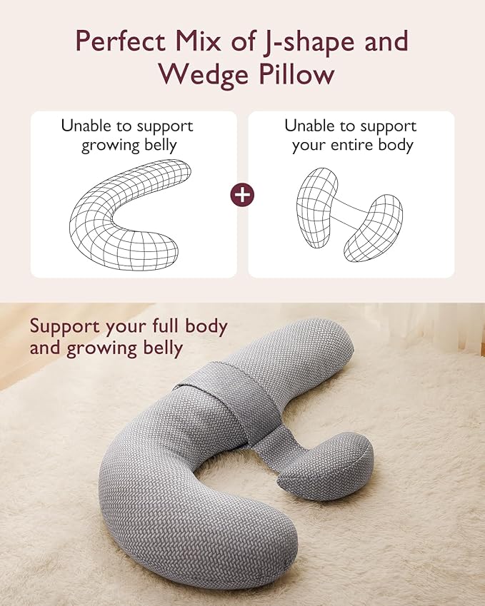 Momcozy Pregnancy Pillow, Original F Shaped Maternity Pillow for Pregnant Women with Adjustable Wedge Pillow, Full Body Support Pregnancy Pillows for Side Sleeping with Air Layer Cover, Grey