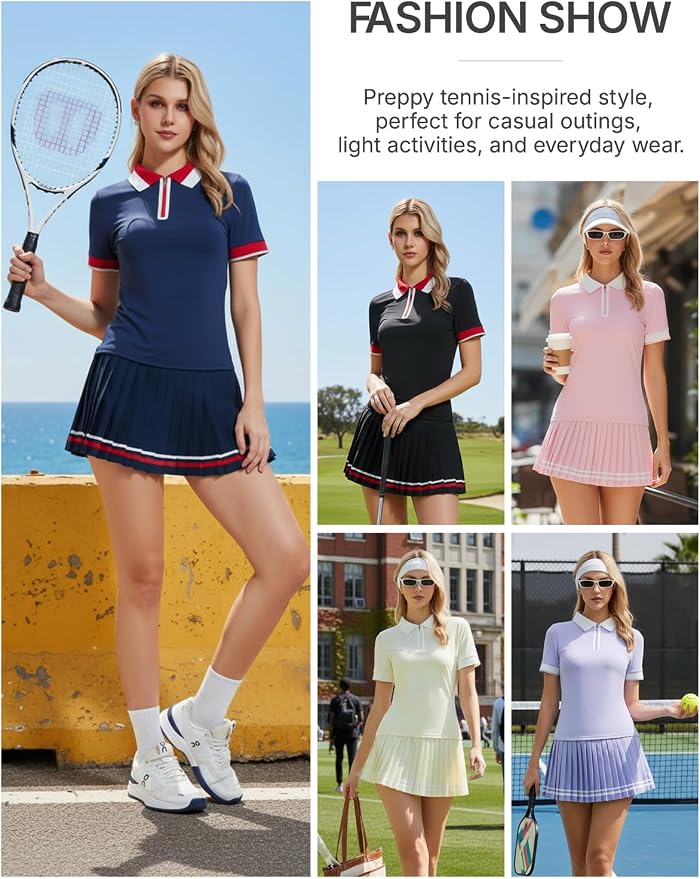 Women's 2-Piece Tennis Skirt Set, Polo V-Neck Top & High-Waisted Pleated Skirt, Athletic Outfit for Golf Pickleball