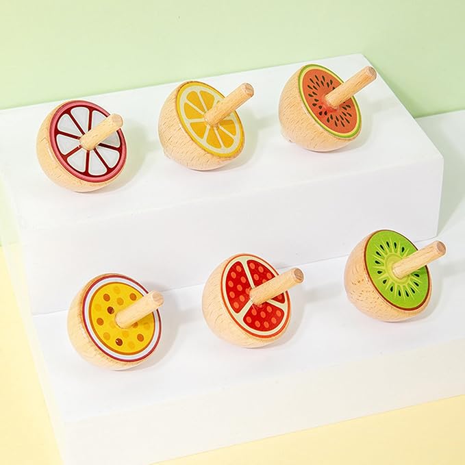 6 Pcs/Set Beech Wood Spinning Tops Toy for Kids, Animal Wooden Gyroscopes Toy for 3 4 5 6 7 Years, Fruit Educational Kindergarten Toys, Spin Tops for Party Games Birthday Gifts Family Fun (Fruit)