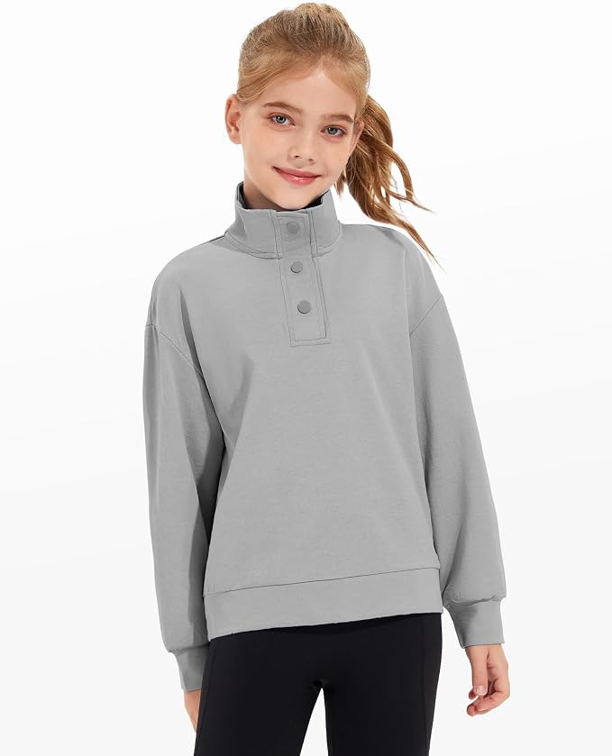 Girls Long Sleeve Collared Shirt Button Down Mock Neck Sweatshirt Athletic Cycling Clothing for Kids 5-14Years