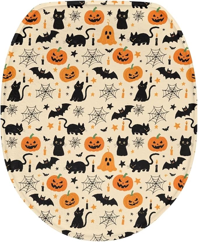 Toilet Lid Cover, Suitable for Most Round, Elongated and Oblong Toilet Seats, Bathroom Decorative Flannel Soft Toilet Lid Cover-Halloween Black Cat Pumpkins