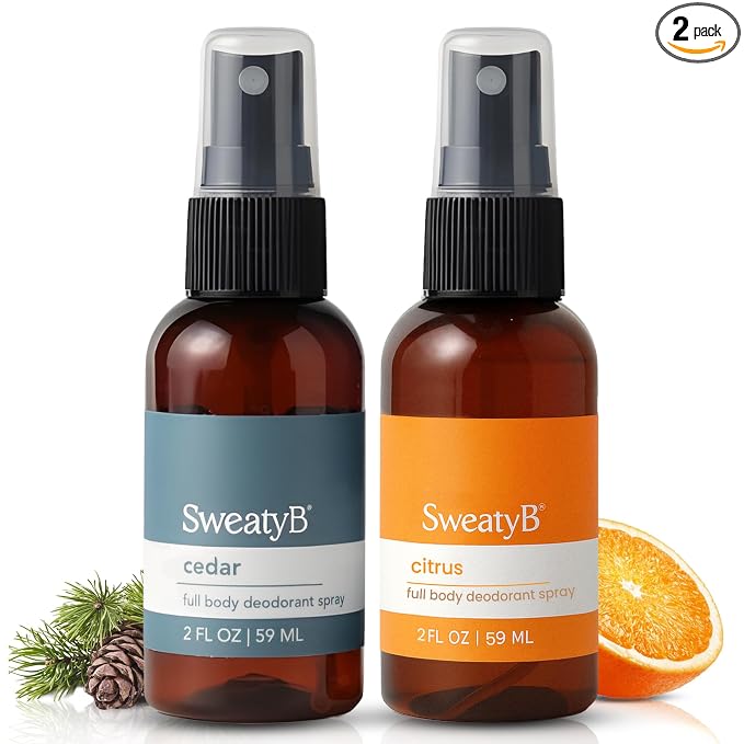 SweatyB® deodorant spray - Odor Protection with whole body deodorant for women & men - Travel Size, Skin-Safe, Vegan & Made in USA - Citrus & Cedar spray - 2 Oz - Pack of 2
